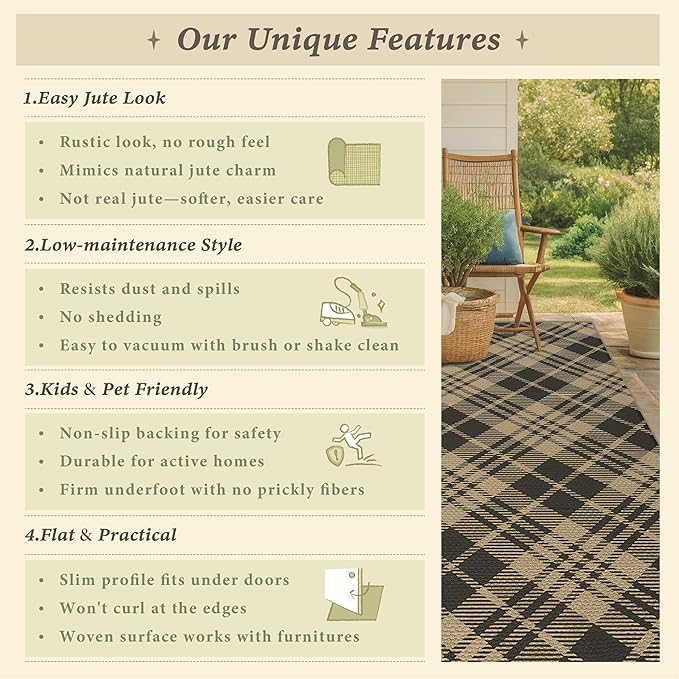 JTJ Vintage Outdoor Runner 2x6 - Easy Jute Woven Throw Rug for Kitchen, Bedroom, Mudroom, Washable Low Pile Black and White Classic Decor