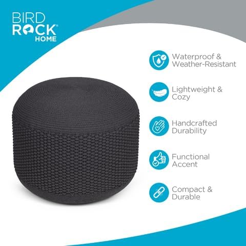 BIRDROCK HOME Outdoor Pouf Ottoman | Hand Woven Waterproof Foot Stool with Bead Bag Filling | Boho Foot Rest for Patio, Living Room, Porch & Outdoor Seating | Lightweight, Soft Stuffed Chair | Grey