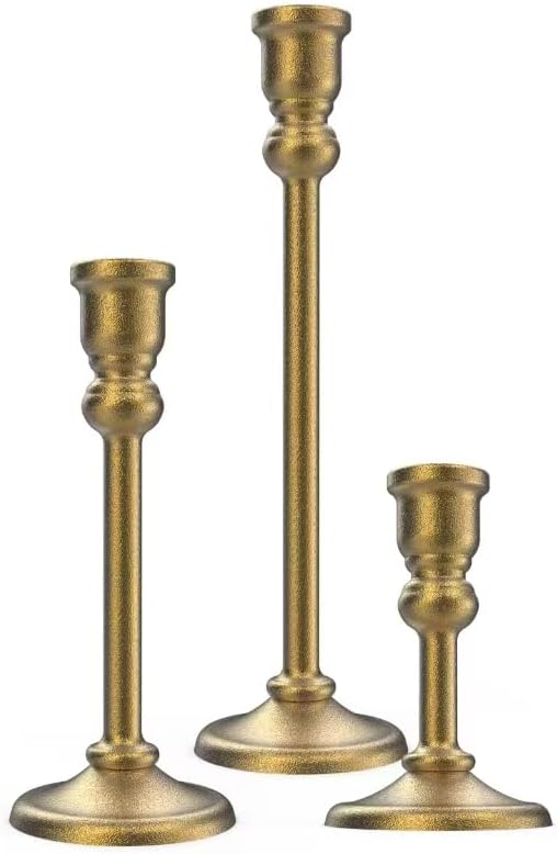 Heavy Candlestick Holders Taper Candle Holders Set of 3, Golden Candlestick Holders Decorative Candle Stand, Tapered Candle Holders Set for Wedding, Dining Table, Home Decoration (Antique Gold)