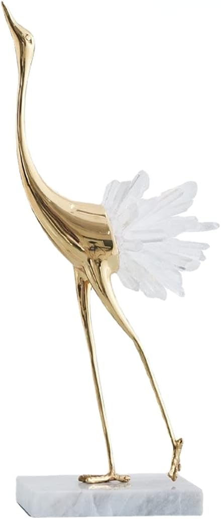 suruim Elegant Gold Crane Bird Statues with Crystal Tail Accents, Decorative Brass Figurines for Home Decor (White A)