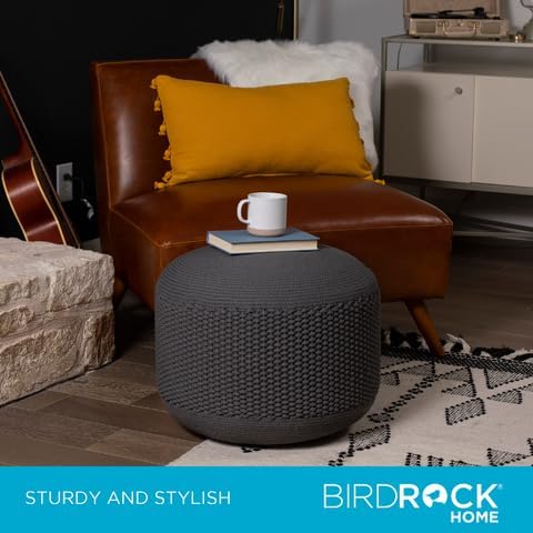 BIRDROCK HOME Outdoor Pouf Ottoman | Hand Woven Waterproof Foot Stool with Bead Bag Filling | Boho Foot Rest for Patio, Living Room, Porch & Outdoor Seating | Lightweight, Soft Stuffed Chair | Grey