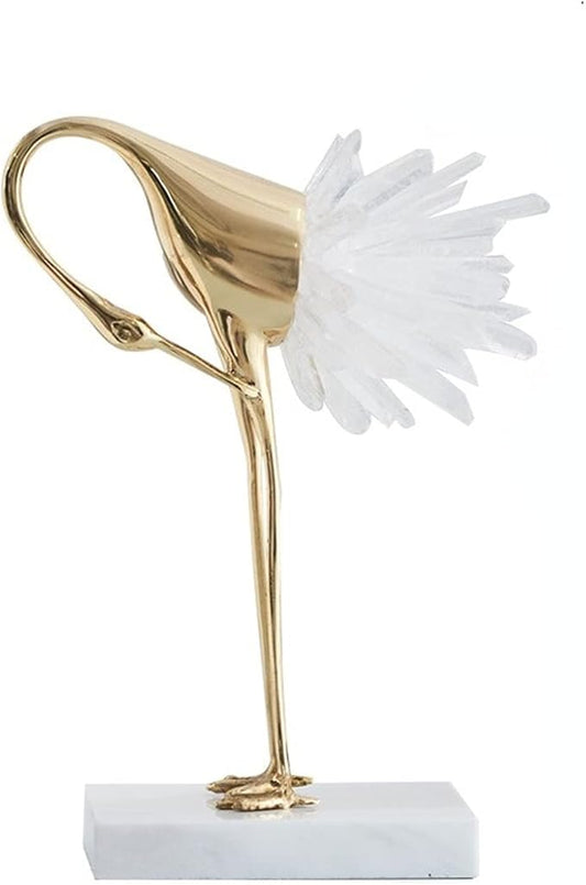 suruim Elegant Gold Crane Bird Statues with Crystal Tail Accents, Decorative Brass Figurines for Home Decor (White C)