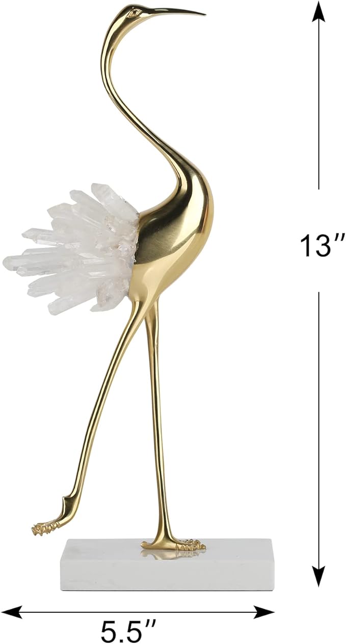 suruim Elegant Gold Crane Bird Statues with Crystal Tail Accents, Decorative Brass Figurines for Home Decor (White B)