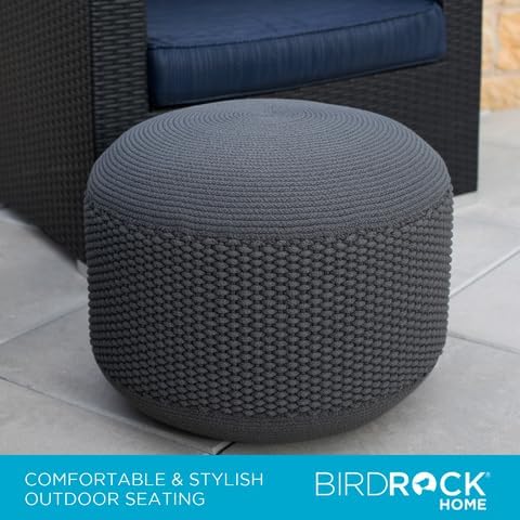 BIRDROCK HOME Outdoor Pouf Ottoman | Hand Woven Waterproof Foot Stool with Bead Bag Filling | Boho Foot Rest for Patio, Living Room, Porch & Outdoor Seating | Lightweight, Soft Stuffed Chair | Grey