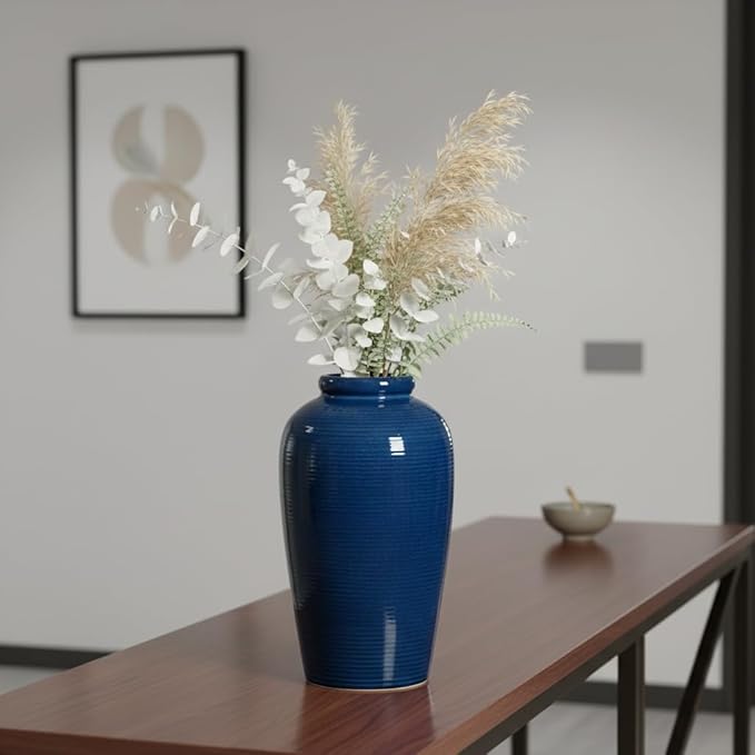 Wancetang Blue Ceramic Vases Home Decor - 11 Inch Tall Farmhouse Vases for Flowers, Modern Textured Vase for Centerpieces, Living Room, Kitchen Island Decor, Fireplace, Entryway Decorations