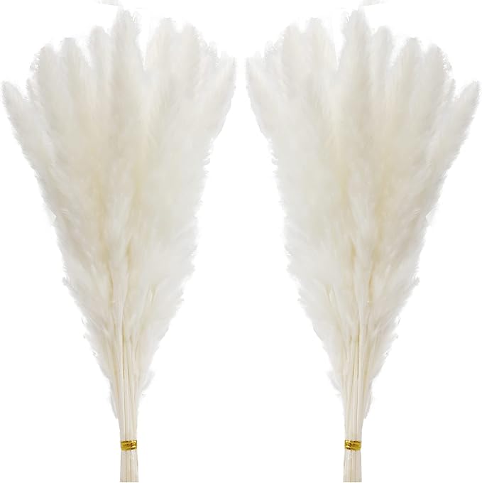 60 Pcs White Pampas Grass ,17 inch/45 cm Natural Dried Pampas Grass Branches Decor for Home Kitchen Garden Party Photographing Flower Arrangement Vase Decor（White