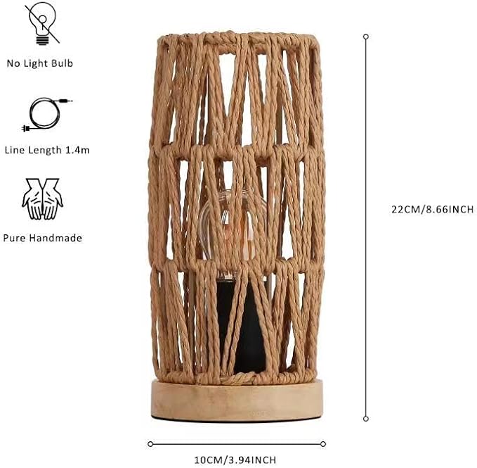 Bamboo Rattan Table Lamp for Living Room, Boho Handmade Woven Cylinder Lampshade Standing Lamp with Natural Wooden Base, Industrial Wicker Desk Light Decoration for Bedroom, Farmhouse