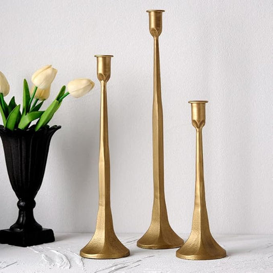 Denique Iron Taper Candle Holder Set of 3, Gold Candlestick Holders Decorative Candle Stand, Tapered Candle Holders Tall Set for Wedding, Dining Table, Home Decoration (Gold)