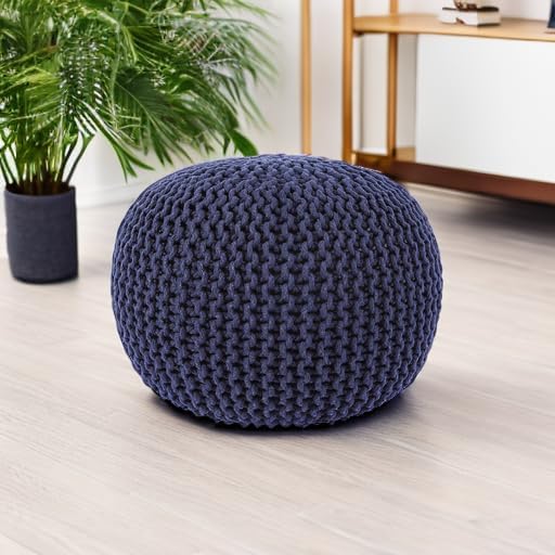 REDEARTH · Round Pouf Foot Stool Bean Bag Ottoman - Cable Knitted Cord Boho Pouffe - Poof Accent Bean Bag - Handmade by Artisans for Living Room - Bedroom (19.5"x19.5"x14") - Navy Blue
