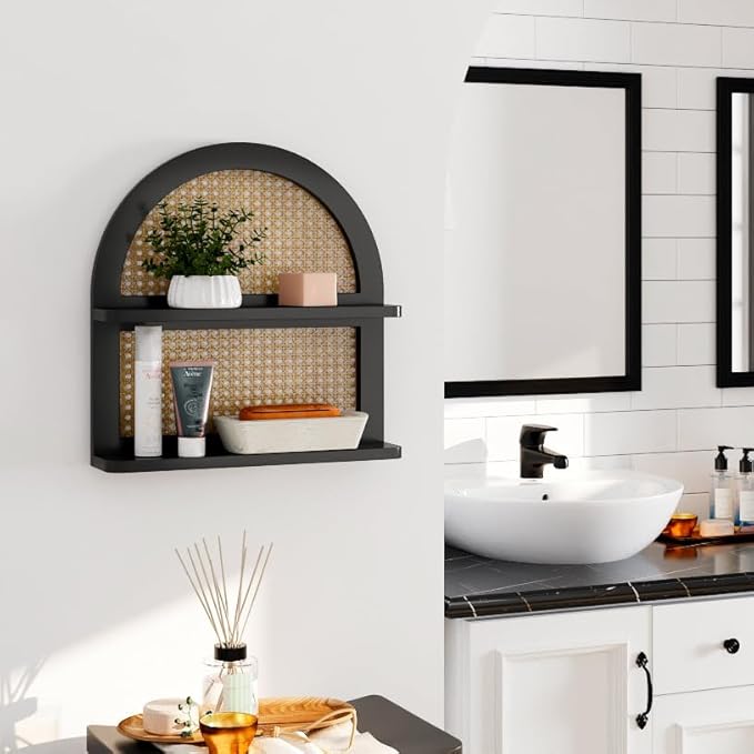 Wood Boho Rattan Wall Shelf - 2-Tier Arched Wicker Floating Shelf Black Wood New Boho Shelf, Rustic Farmhouse Nursery Decor Shelves Wall Mounted, Neutral Handcrafted (16''l Natural Rattan Shelf)