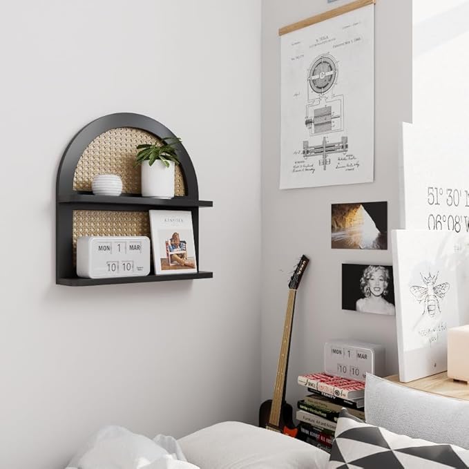 Wood Boho Rattan Wall Shelf - 2-Tier Arched Wicker Floating Shelf Black Wood New Boho Shelf, Rustic Farmhouse Nursery Decor Shelves Wall Mounted, Neutral Handcrafted (16''l Natural Rattan Shelf)