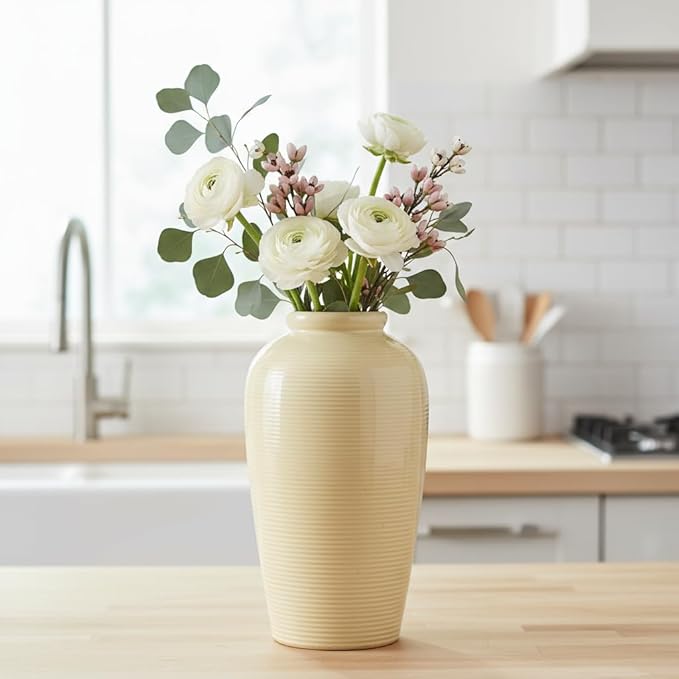 Wancetang Beige Ceramic Vase for Home Decor - 11 Inch Tall Boho Vases for Flower Modern Textured Vase for Centerpieces, Pampas Grass, Living Room, Kitchen Island Decor, Fireplace, Entryway Decorations