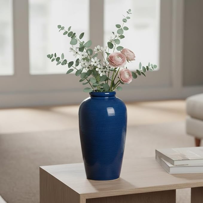 Wancetang Blue Ceramic Vases Home Decor - 11 Inch Tall Farmhouse Vases for Flowers, Modern Textured Vase for Centerpieces, Living Room, Kitchen Island Decor, Fireplace, Entryway Decorations