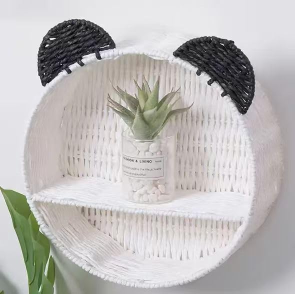 Wicker Wall Shelf, Round Rattan Hanging Organizer with Black Ears, Cute Nursery Wall Decor for Kids Room, Baby Bedroom Storage Rack, Small Floating Shelf for Plants, Toys & Home Décor