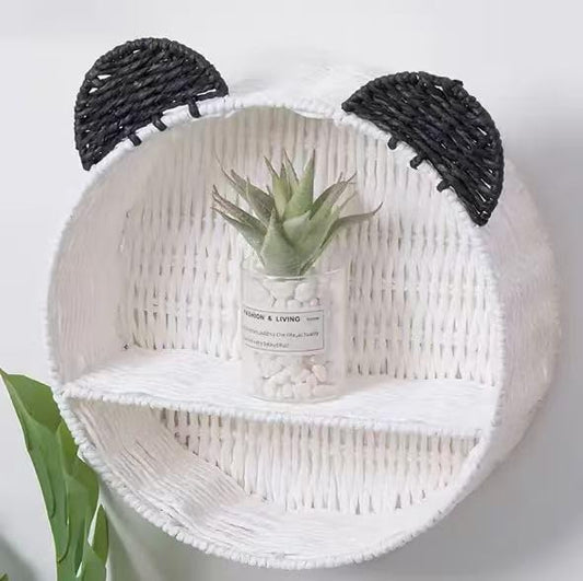 Wicker Wall Shelf, Round Rattan Hanging Organizer with Black Ears, Cute Nursery Wall Decor for Kids Room, Baby Bedroom Storage Rack, Small Floating Shelf for Plants, Toys & Home Décor