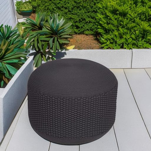 BIRDROCK HOME Outdoor Pouf Ottoman | Hand Woven Waterproof Foot Stool with Bead Bag Filling | Boho Foot Rest for Patio, Living Room, Porch & Outdoor Seating | Lightweight, Soft Stuffed Chair | Grey