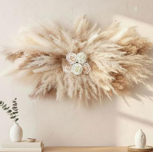 36-38" Large Pampas Grass Wall Decor, DIY Artificial Roses & Natural Dried Boho Hanging Flowers for Wall, Mirror, Wedding Arch, Entryway Decor, Gift, Requires Assembly & Easy Install