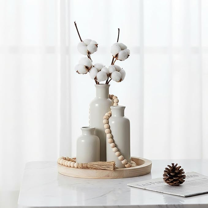 Tiangrid 5 Pcs Rustic Country Tabletop Centerpieces Decor Set of 3 Boho Ceramic Vases with Wooden Serving Tray Wood Bead Garland Tassels Table Holder for Home Decorations (Wood Color)