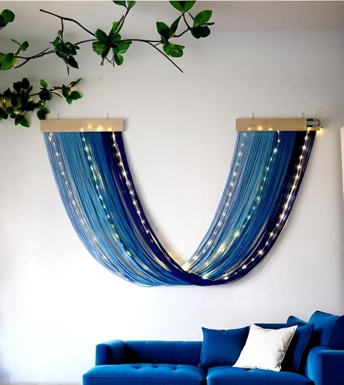 OakHaomie Macrame Fairy Lights Battery Operated with Remote,Large Macrame Wall Hanging with 20ft 100 LED String Lights, Blue Gradient Warm White Light for Living Room,Bedroom,Christmas,Holiday Deco