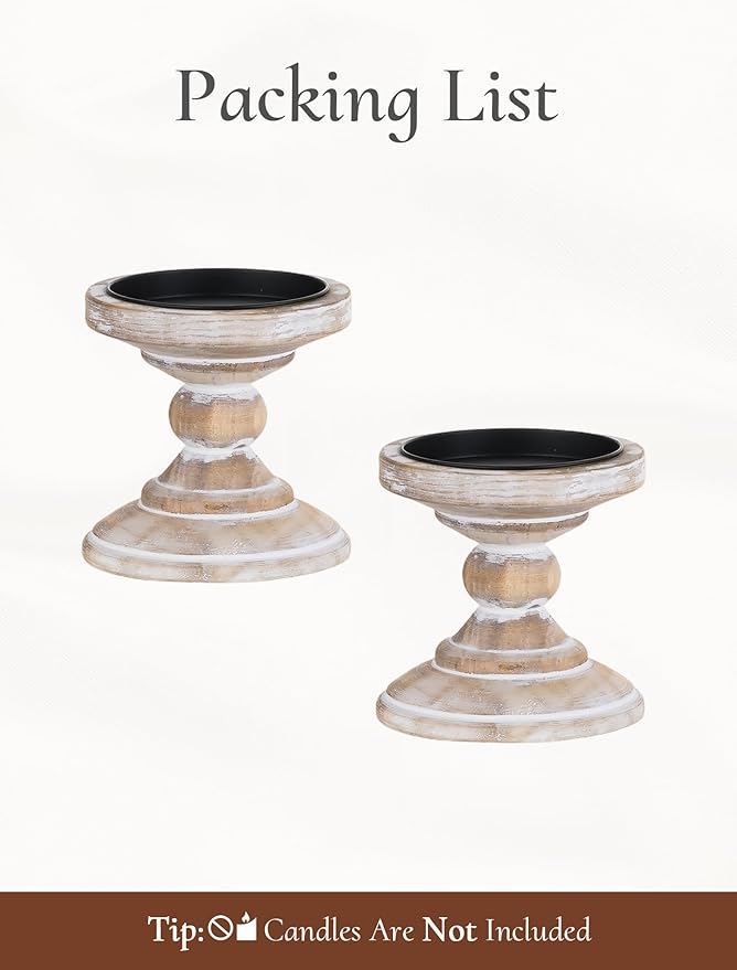 Wood Pillar Candle Holder: 2Pcs Rustic White Candle Holders for Pillar Candles Wood Candle Holders Distressed Wooden Farmhouse Candle Holder Large Rustic Candle Holder for Fireplace Table