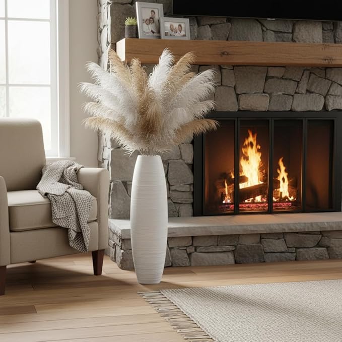 Rocendlor Tall Floor Vase, 27.5 inches (70cm, 2.3FT) Floor Vase Sturdy and Luxurious,Tall Vases for Country Home Decor, Living Room, Resin White Vases