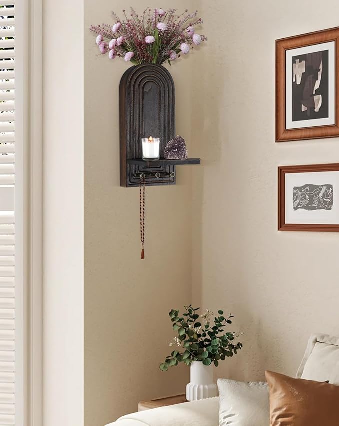 3-in-1 Wooden Wall Organizer - Planter Vase + Candle Sconces + Hooks (No Dried Flower)- Farmhouse Hanging Decor Boho Wall Art for Indoor Plants Artificial Eucalyptus for Living Room Bedroom Brown