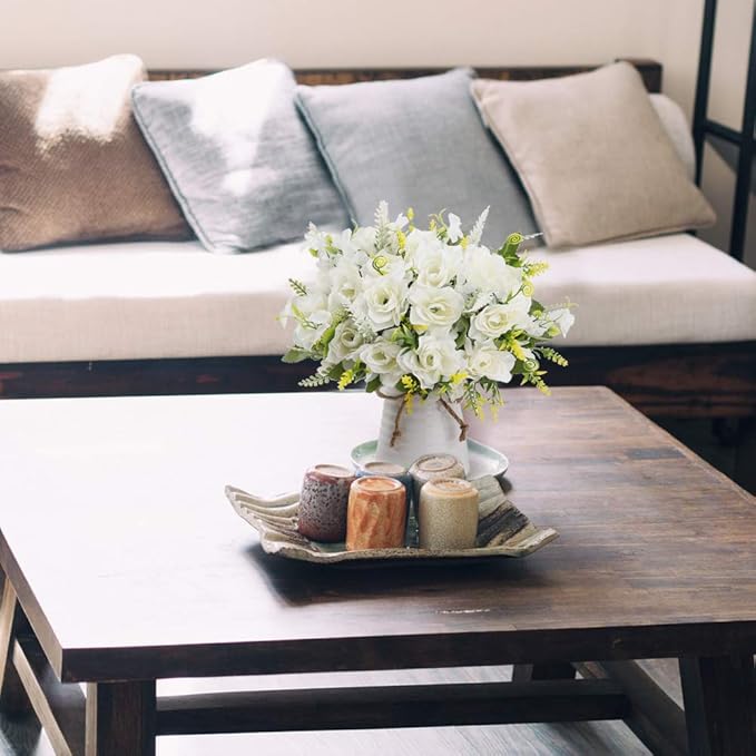 LESING Artificial Flowers with Vase for Table Centerpieces,Fake Silk Gardenia Flower in Vase Decoration for Home Office Party (White)