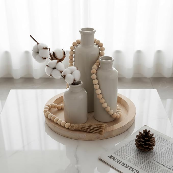 Tiangrid 5 Pcs Rustic Country Tabletop Centerpieces Decor Set of 3 Boho Ceramic Vases with Wooden Serving Tray Wood Bead Garland Tassels Table Holder for Home Decorations (Wood Color)