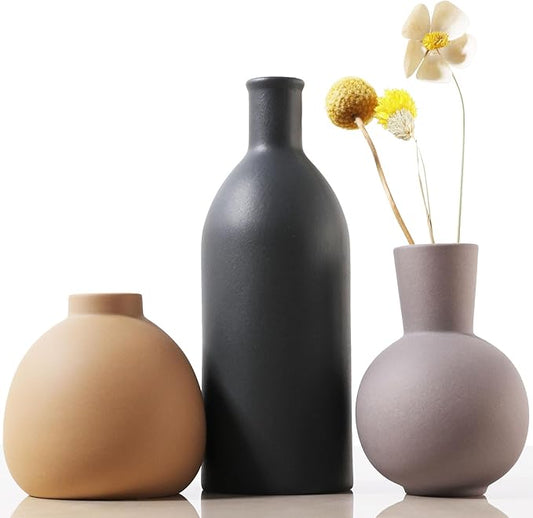 Joeabor Ceramic Vase Set of 3 - Handcrafted Ceramic Vases for Home Decor & Shelf - Modern Farmhouse Decor for Kitchen, Office, Bedroom & Living Room Decorative Objects for Mantel, Table Centerpieces