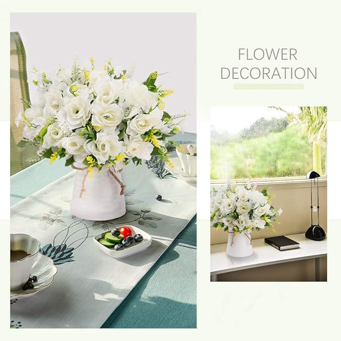 LESING Artificial Flowers with Vase for Table Centerpieces,Fake Silk Gardenia Flower in Vase Decoration for Home Office Party (White)