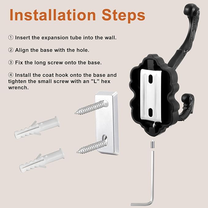 Zonon 4 Pcs Black Vintage Coat Hooks Decorative Towel Hooks for Bathrooms Antique Wall Hook for Hanging Purse Hat Keys Clothes Heavy Duty Unique French Country Curtain Holder for Wall