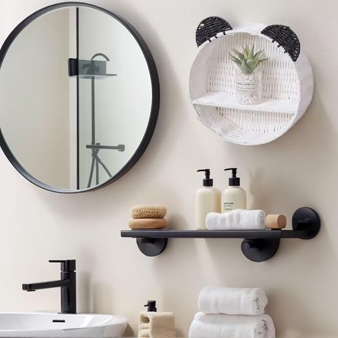 Wicker Wall Shelf, Round Rattan Hanging Organizer with Black Ears, Cute Nursery Wall Decor for Kids Room, Baby Bedroom Storage Rack, Small Floating Shelf for Plants, Toys & Home Décor