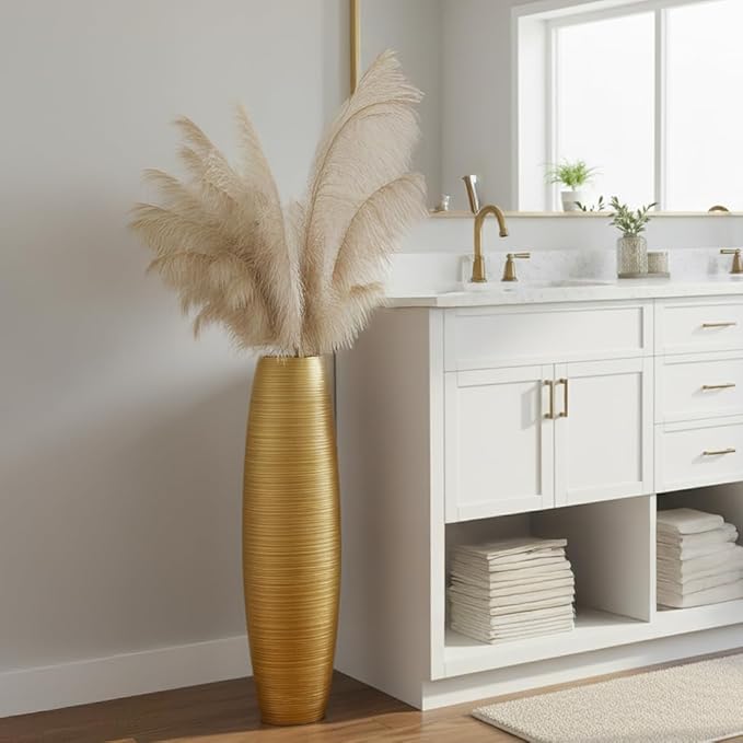 Rocendlor Tall Floor Vase, 27.5 inches (70cm, 2.3FT) Tall Vases Sturdy, Luxury, Textured for Decorative Branches Dried Flowers, Floor Vase for Rustic Living Room, Shelf Decor, Resin Gold