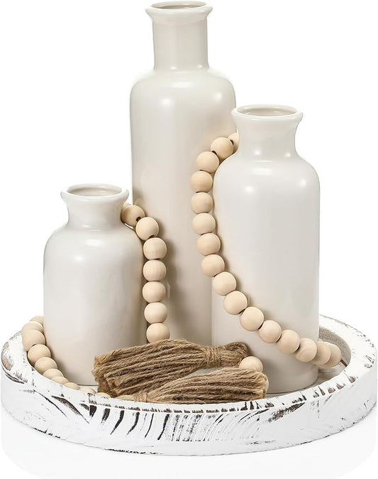 Tiangrid 5 Pcs Rustic Country Tabletop Centerpieces Decor Set of 3 Boho Ceramic Vases with Wooden Serving Tray Wood Bead Garland Tassels Table Holder for Home Decorations(White)