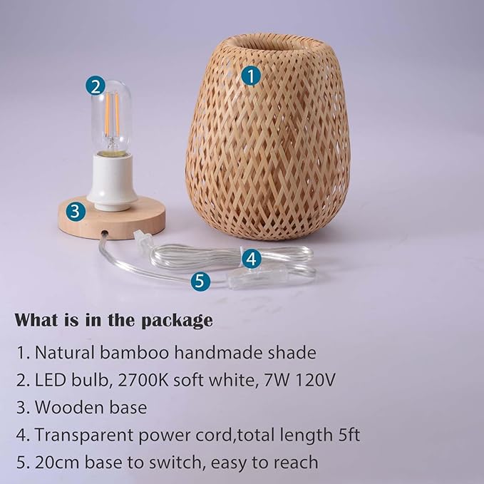 Boho Style Rattan Table Lamp,Dimmable Bamboo Desk Lamp,Yellow Bamboo