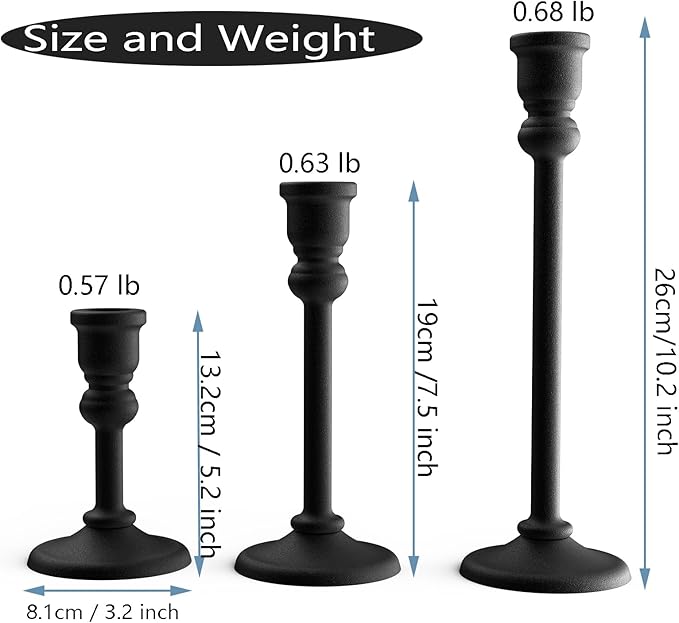 Black Heavy Candlestick Holders Taper Candle Holders Set of 3, Golden Candlestick Holders Decorative Candle Stand, Tapered Candle Holders Set for Wedding, Dining Table, Home Decoration (Antique Black)