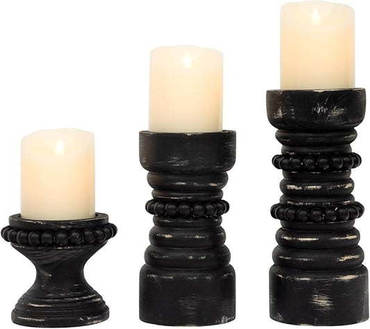 MODE HOME Rustic Wood Candle Holders Set of 3, Farmhouse Beaded Wood Pillar Candle Holder, Candle Holders for Pillar Candles & Candlesticks, Candle Sticks Holder Decor for Table Centerpiece