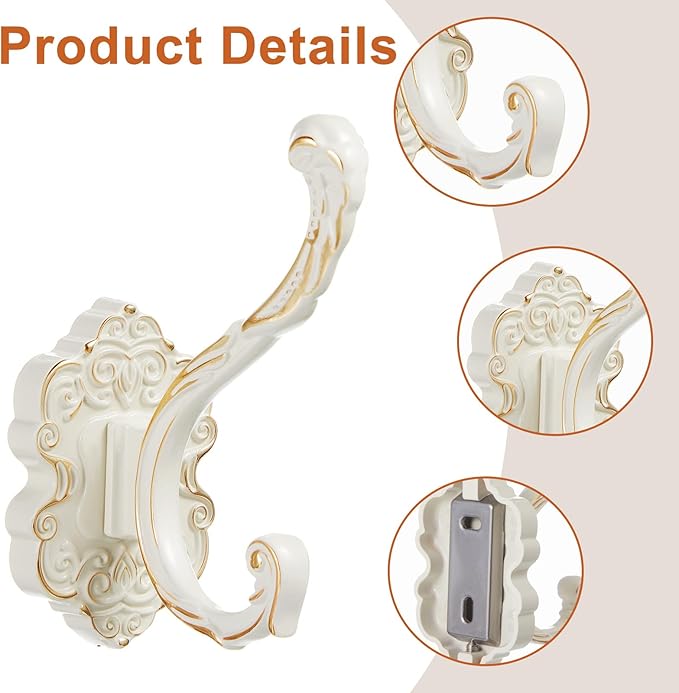 Zonon 4 Pcs White Vintage Coat Hooks Decorative Towel Hooks for Bathrooms Antique Wall Hook for Hanging Purse Hat Keys Clothes Heavy Duty Unique French Country Curtain Holder for Wall