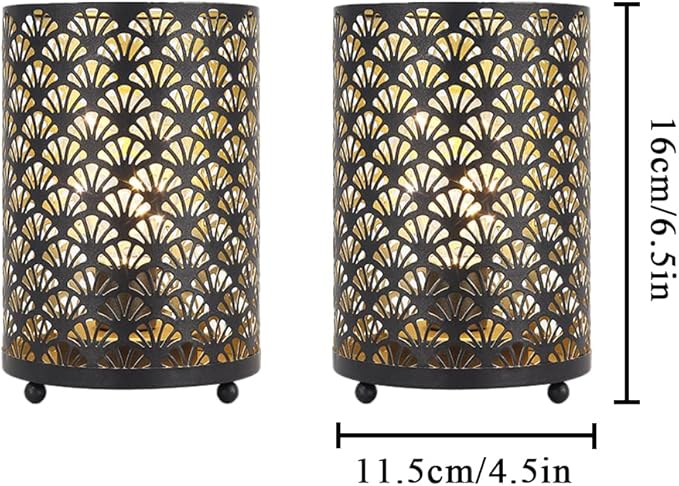 TRIROCKS Set of 2 Battery Operated Lamp 6.5'' Tall Metal Cordless Table Lamp Bronze Lanterns with Warm Fairy Lights Bulb for Patio Garden Wedding Parties Indoor Outdoor(Scalloped Hollow Pattern)