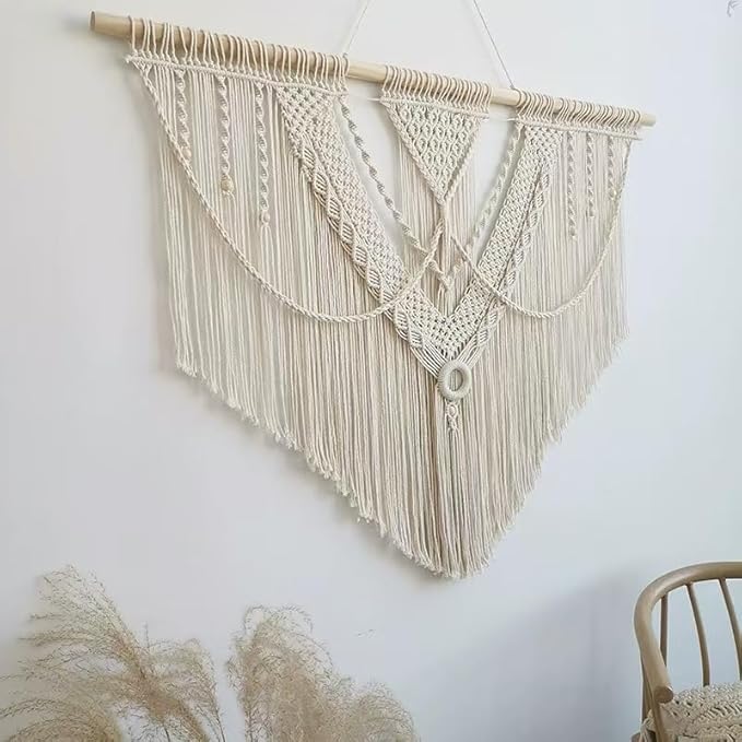 oiikain Large Handmade Boho Macrame Wall Hanging Tapestry - Chic Bohemian Woven Home Decor art for Living Room, Bedroom, and Wedding Parties (Beige, Large Sigle Triangle)