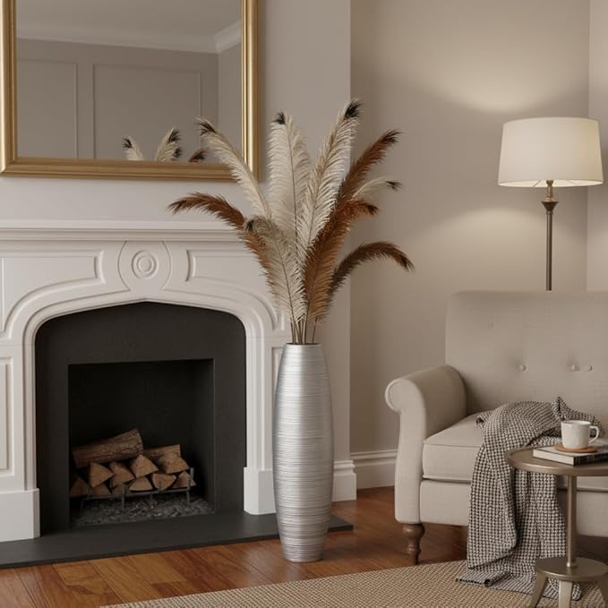 Rocendlor Tall Floor Vase, 27.5 inches (70cm, 2.3FT) Tall Vases Sturdy, Luxury, Textured for Decorative Branches Dried Flowers, Floor Vase for Rustic Living Room, Modern Decor, Resin Silver Vases