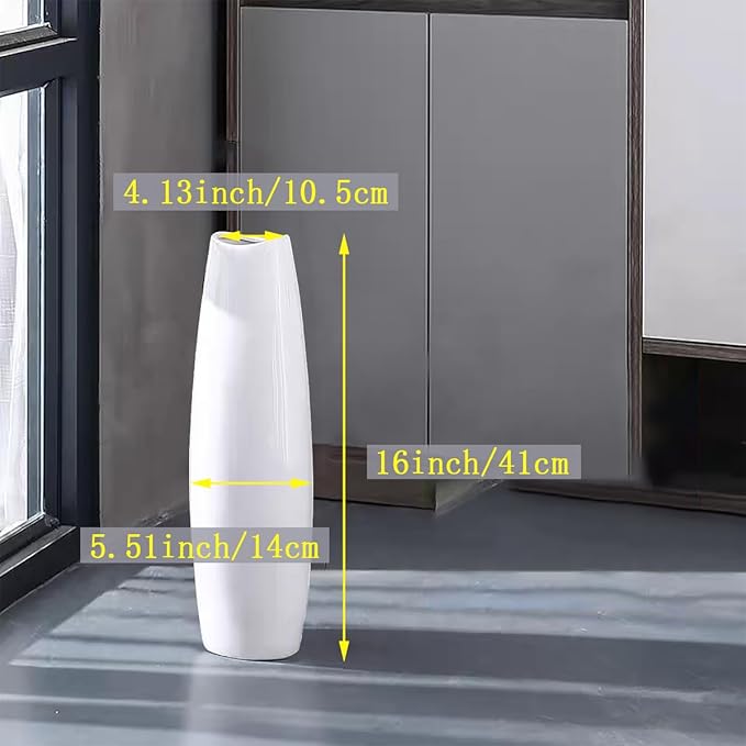 GDSZJLJ Large Ceramic Floor Vase, White 16" Tall Decorative Vase,Modern Home, Office, Living Room, Kitchen, Bedroom Decoration, Housewarming,Wedding, New Year Gift