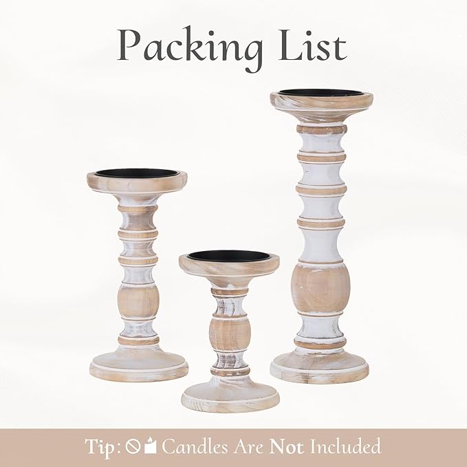 Wood Pillar Candle Holder: 3Pcs Rustic Candle Holders for Pillar Candles Wood Candle Holders Distressed Wooden Farmhouse Large Candle Holder Fireplace Table (Rustic White, 5.9", 7.87", 11")