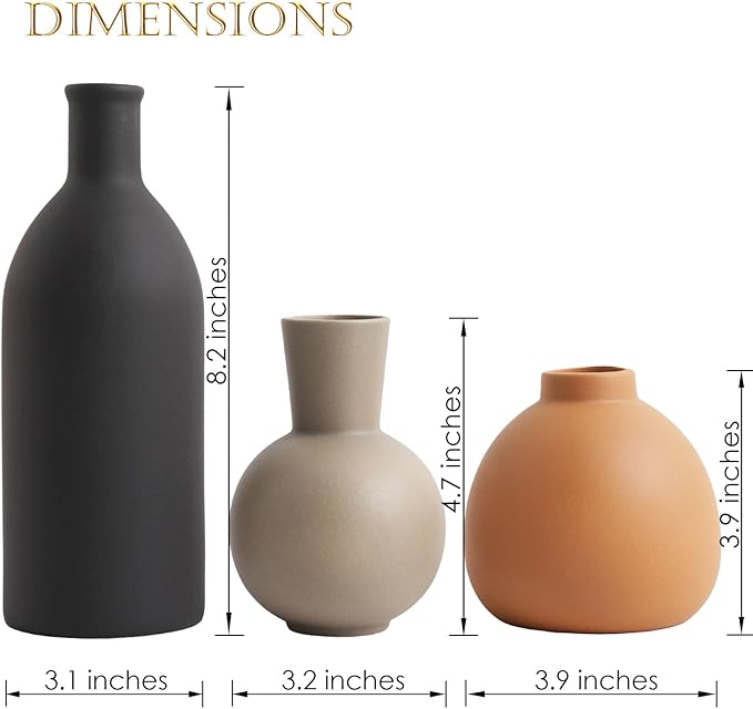 Joeabor Ceramic Vase Set of 3 - Handcrafted Ceramic Vases for Home Decor & Shelf - Modern Farmhouse Decor for Kitchen, Office, Bedroom & Living Room Decorative Objects for Mantel, Table Centerpieces