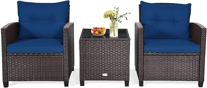 HAPPYGRILL 3 Pieces Patio Conversation Set, Outdoor Furniture Set PE Rattan Sofa Set with Removable Cushions, PE Wicker Chairs with Tempered Glass Side Table for Porch Lawn Garden Balcony Backyard
