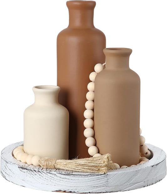 Tiangrid 5 Pcs Rustic Country Tabletop Centerpieces Decor Set of 3 Boho Ceramic Vases with Wooden Serving Tray Wood Bead Garland Tassels Table Holder for Home Decorations (Brown)