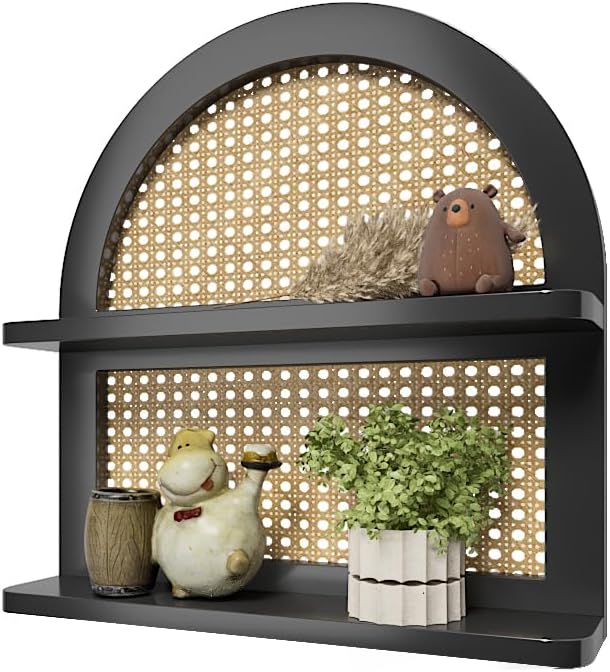 Wood Boho Rattan Wall Shelf - 2-Tier Arched Wicker Floating Shelf Black Wood New Boho Shelf, Rustic Farmhouse Nursery Decor Shelves Wall Mounted, Neutral Handcrafted (16''l Natural Rattan Shelf)