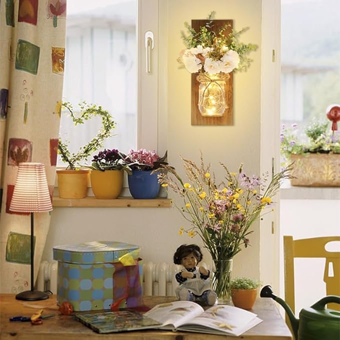 Rustic Wall Sconces Mason Jar Sconces Handmade Wall Art Hanging Design with Remote Control LED Fairy Lights and White Peony,Christmas Decor Gift Farmhouse Wall Home Decor Living Room Lights Set of Two