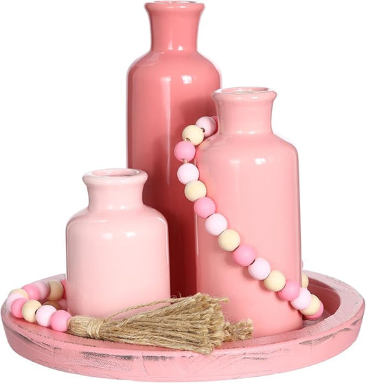 Tiangrid 5 Pcs Rustic Country Tabletop Centerpieces Decor Set of 3 Boho Ceramic Vases with Wooden Serving Tray Wood Bead Garland Tassels Table Holder for Home Decorations (Pink)