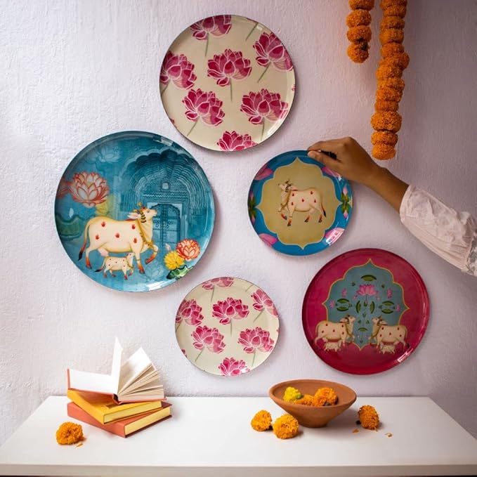 RITUALISTIC Pastel Pichwai Iron Wall Plates- Set of 5 (Multicolor) | Wall Arts For Home Decoration, Bedroom, Office Decor & Christmas gifts| Aesthetic Room Decor Items | Wall Hanging Showpiece